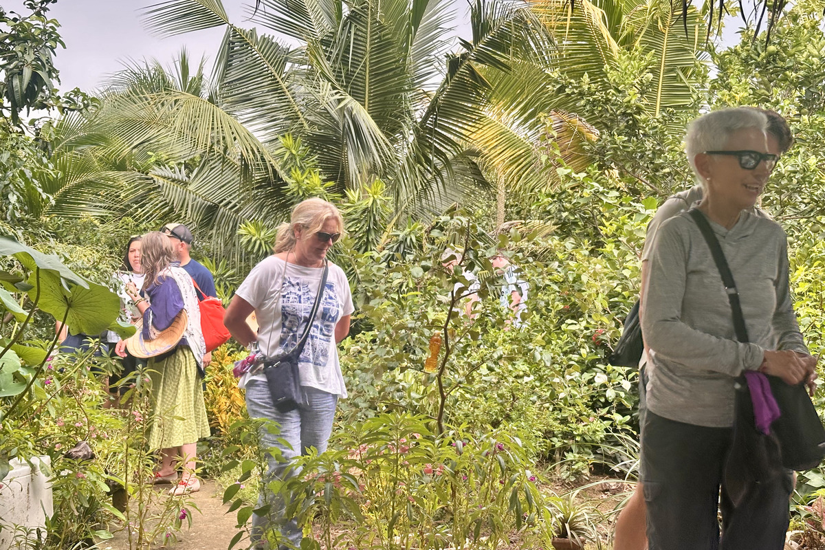 Travelers visiting a tropical fruit garden in Cai Be during a Mekong Delta tour from Ho Chi Minh City