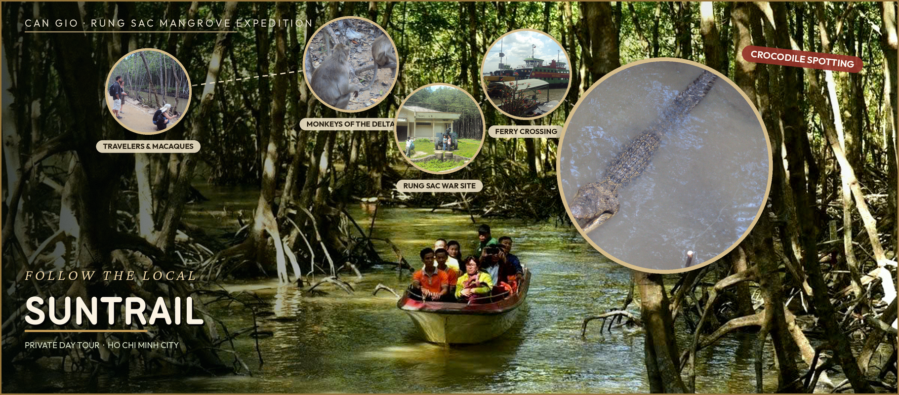 Can Gio mangrove forest tour highlights: boat ride through the mangrove tunnel, monkey encounters, Rung Sac war memorial, ferry crossing and crocodile spotting – Suntrail Travel