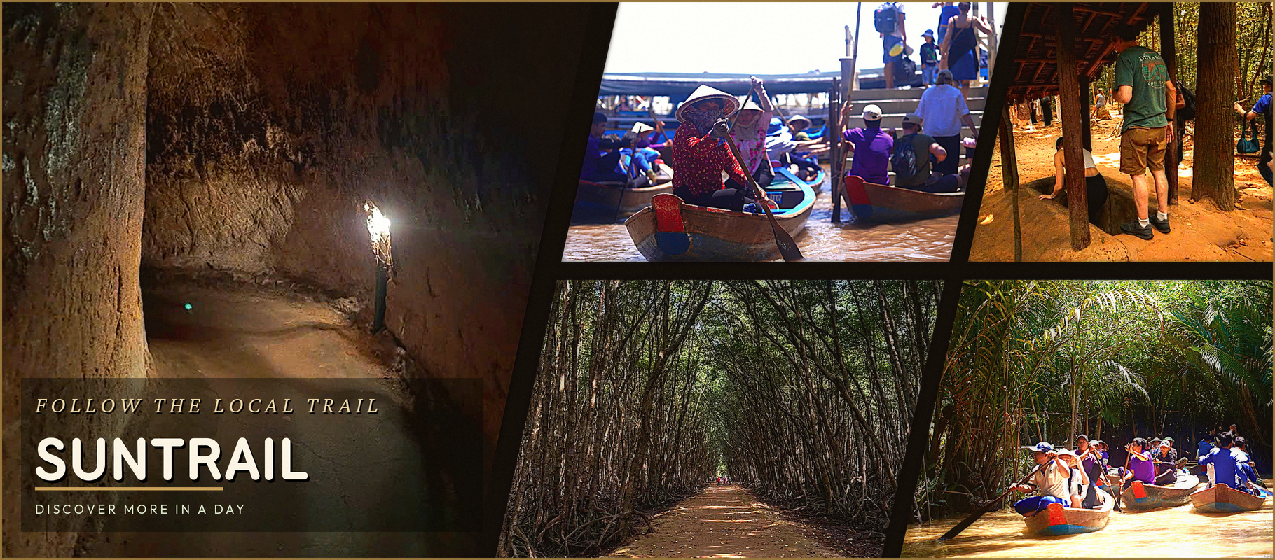 Day tours from Ho Chi Minh City – Suntrail Travel day tour highlights: Cu Chi tunnel exploration, Mekong Delta sampan boat rides and mangrove canal cruising near Ho Chi Minh City
