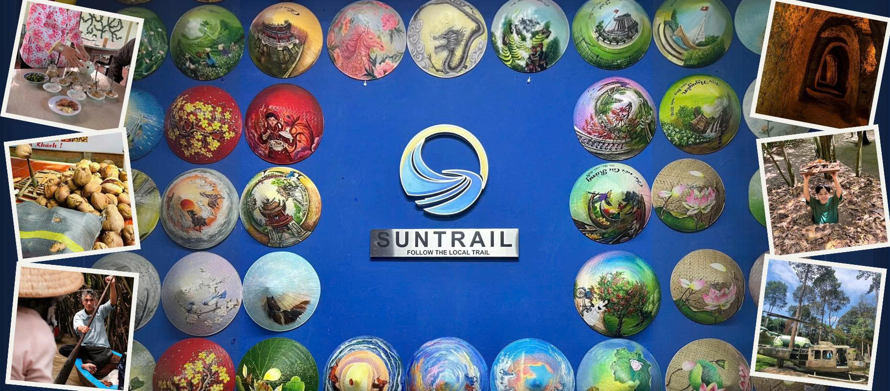 Suntrail Travel, a Ho Chi Minh City tour company: logo and hand-painted conical hats displayed on a blue wall at The Sun Art hat studio in Saigon