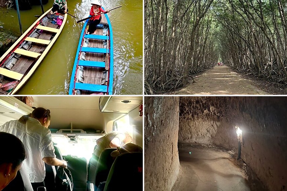 Ho Chi Minh City travel guide – Mekong Delta sampan boats, Can Gio mangrove path, Suntrail guests in a private van and a lit Cu Chi tunnel