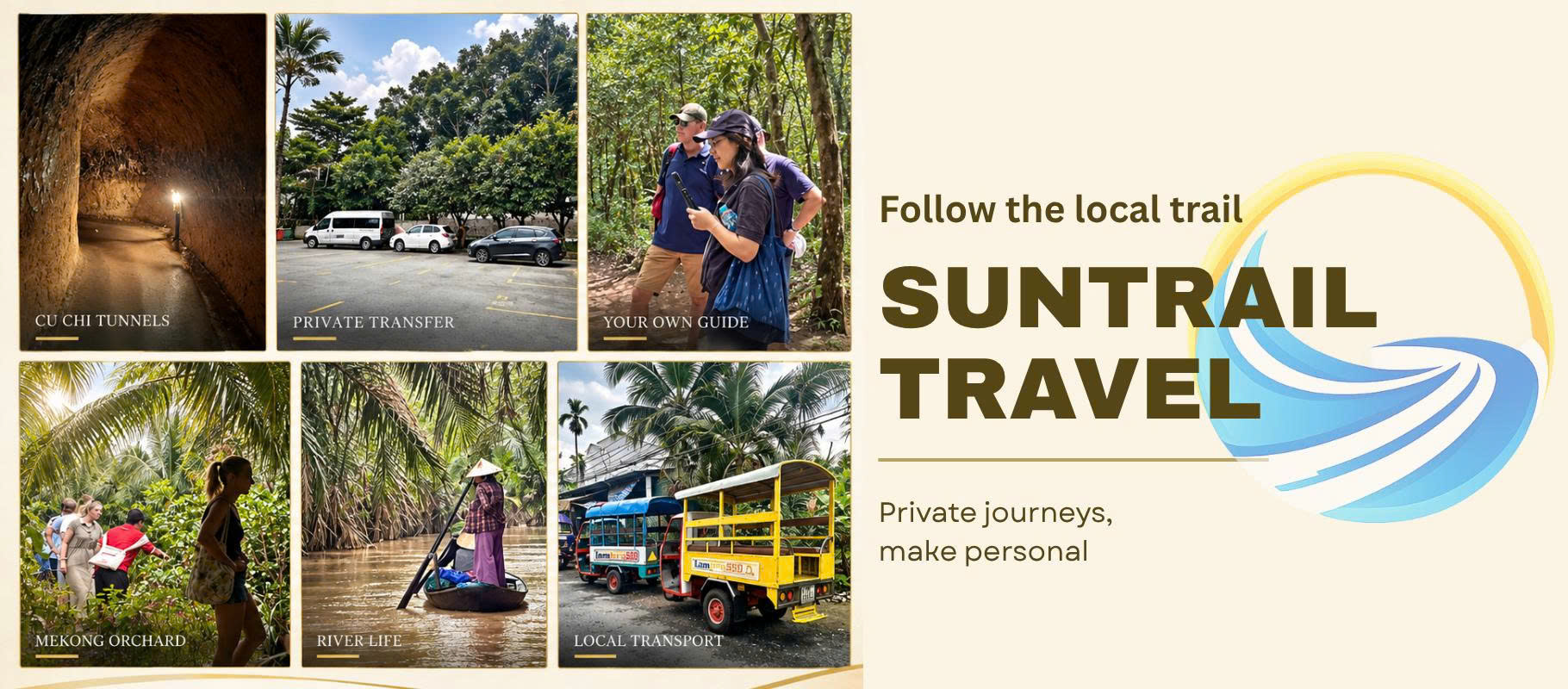 Tour riêng 1 ngày từ TP.HCM của Suntrail: địa đạo Củ Chi, xe riêng, hướng dẫn viên, vườn trái cây và xuồng ba lá miền Tây
